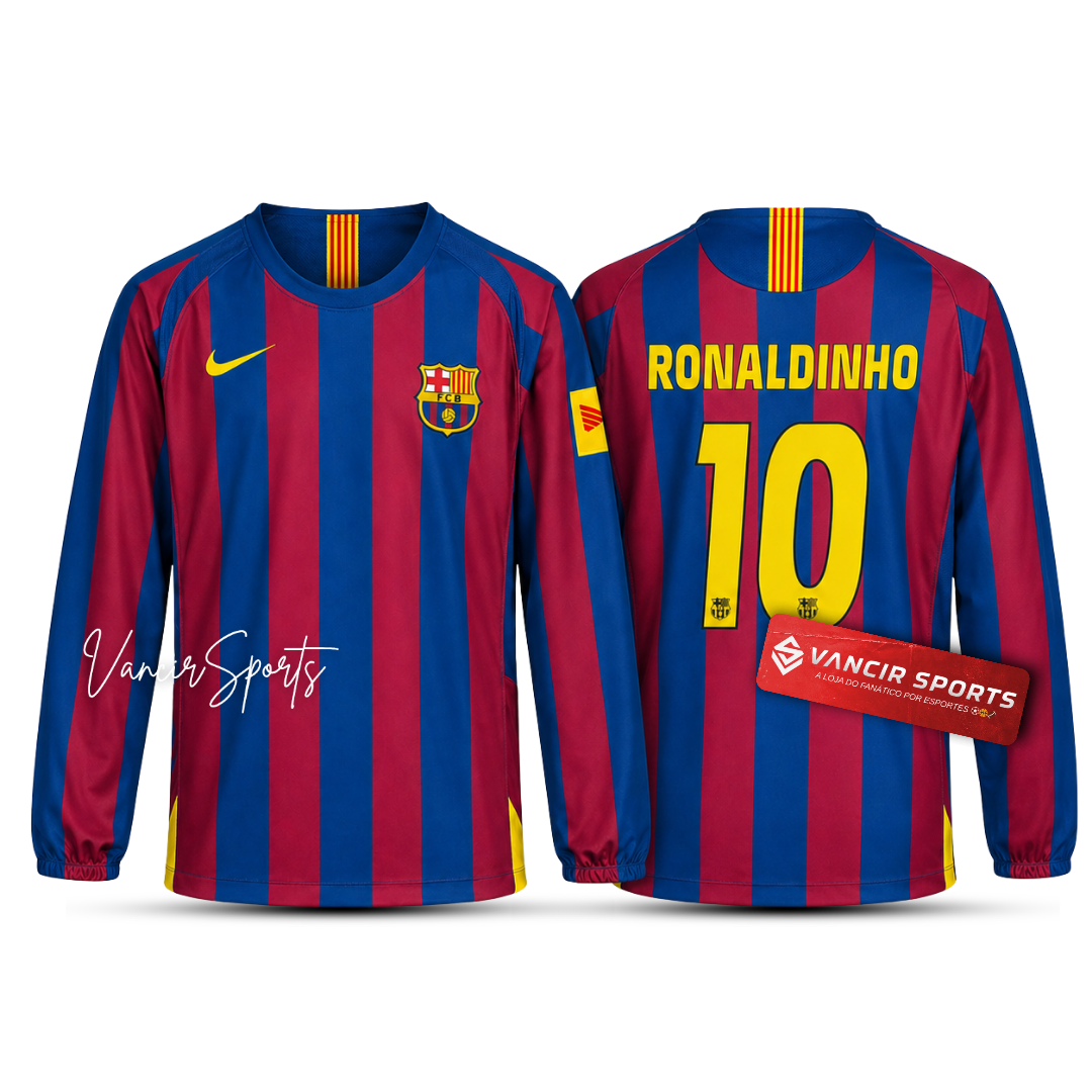 Camisa Barcelona Nike Ronaldinho Reedição Home 2005/06 Retrô Manga Longa
