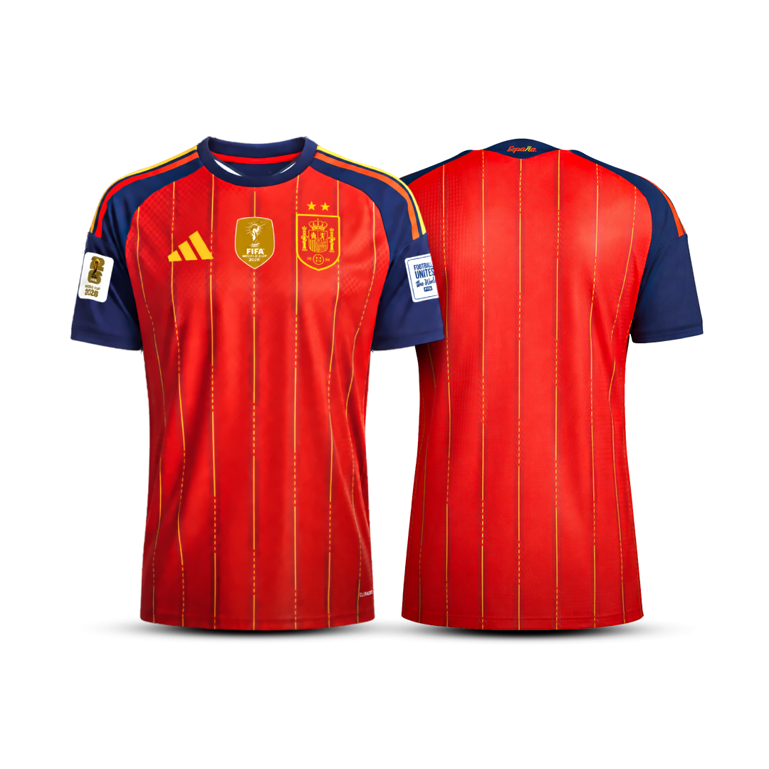 Camisa Espanha Home 2026 - 2 estrelas + Patchs Campeã Copa do mundo
